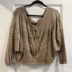 Beige Lace-Trim Ribbed Women's Top - Casual Tie-Neck